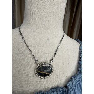 Artisan Sterling Silver Black Jack Turquoise Statement Pendant Chunky Necklace